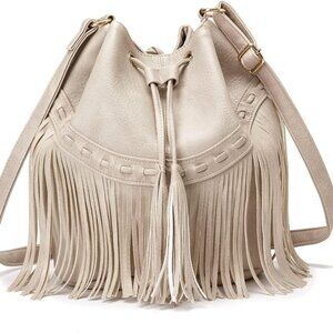 Leather Bucket Bags for Women Crossbody Fringe Purses with Drawstring Ladies Tas